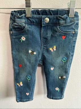 H&M Blue Denim Leggings with Embroidered Hearts & Flowers